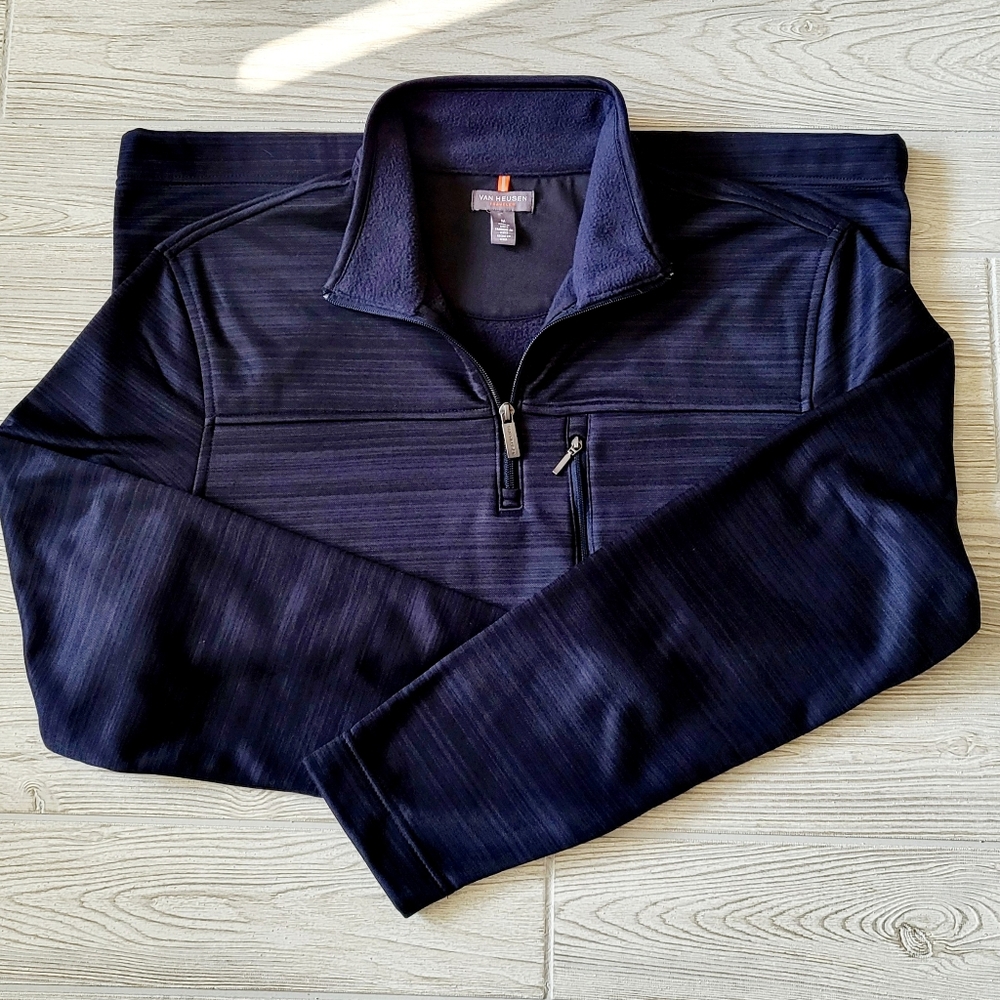 Van Heusen Traveler Mens Pullover Sweatshirt Sz Medium Blue 1/4 Zip Fleece Lined